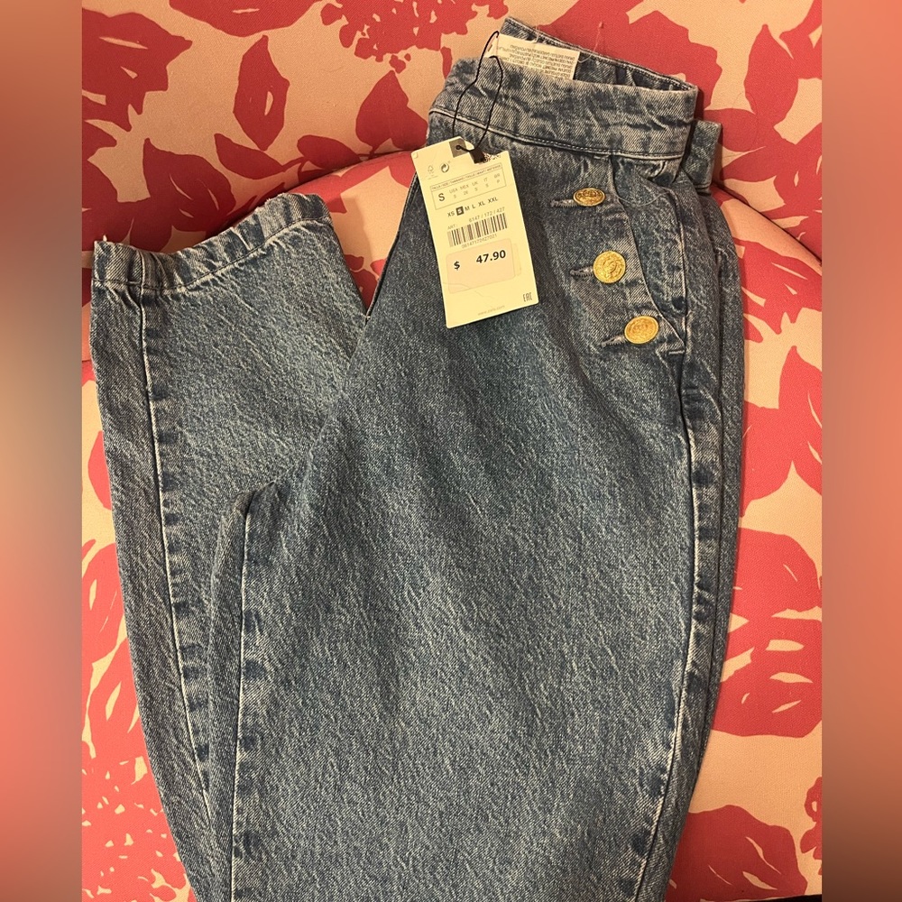 New ZARA GOLD BUTTONED STRAIGHT LEG JEANS Blue Large 6147/172 Women Pants